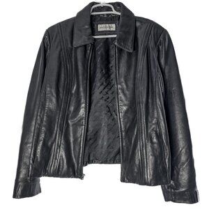 EUC Womens Jones New York Genuine Leather Biker Jacket Coat Zip up Brown Large